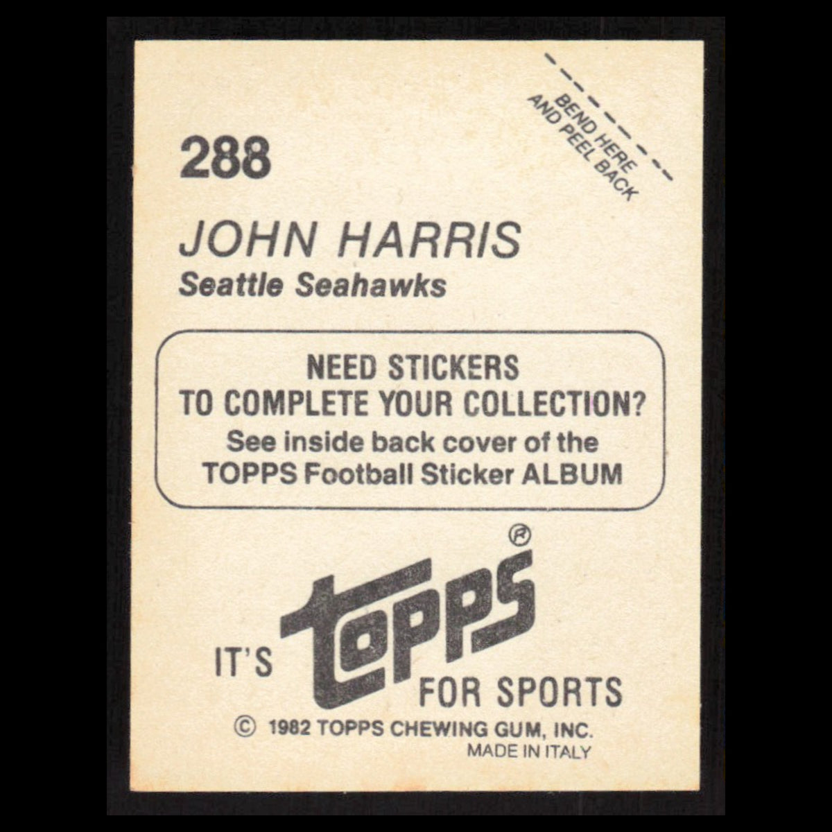 John Harris #288 1982 Topps Stickers Seattle Seahawks Football Card NFL NM