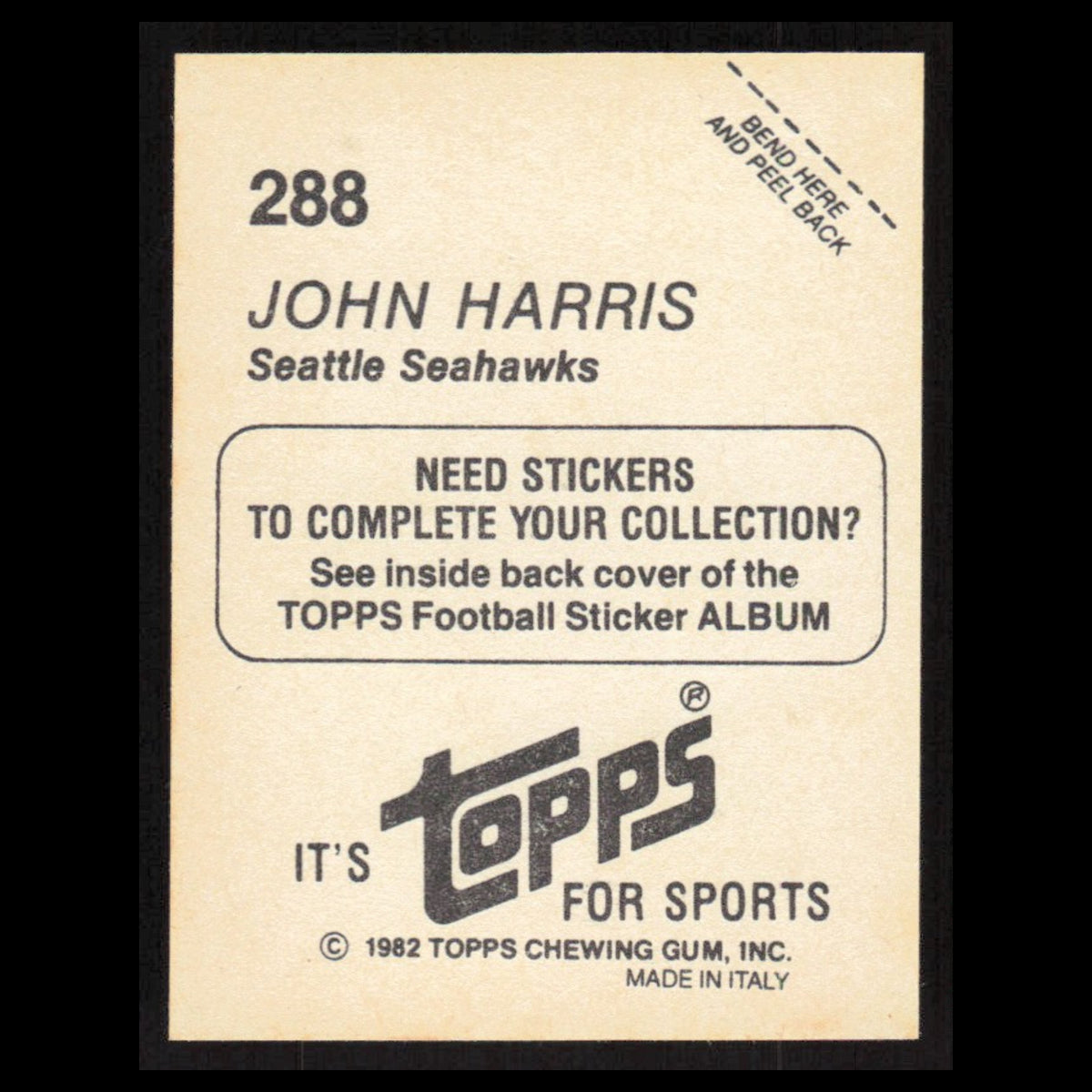 John Harris #288 1982 Topps Stickers Seattle Seahawks Football Card NFL NM