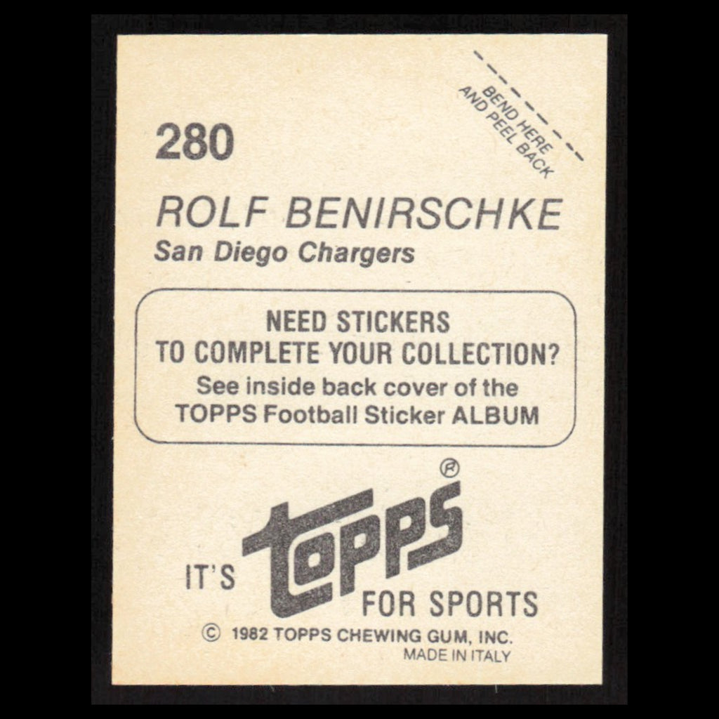 Rolf Benirschke #280 1982 Topps Stickers San Diego Chargers Football Card NFL NM