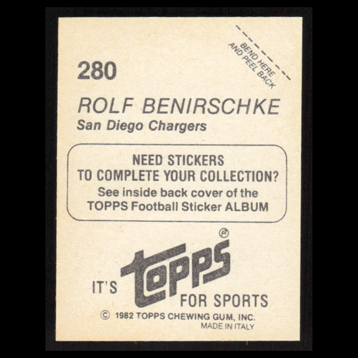 Rolf Benirschke #280 1982 Topps Stickers San Diego Chargers Football Card NFL NM