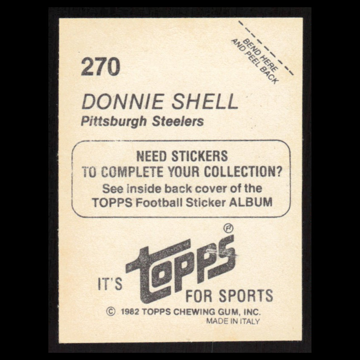 Donnie Shell #270 1982 Topps Stickers Pittsburgh Steelers Football Card NFL NM