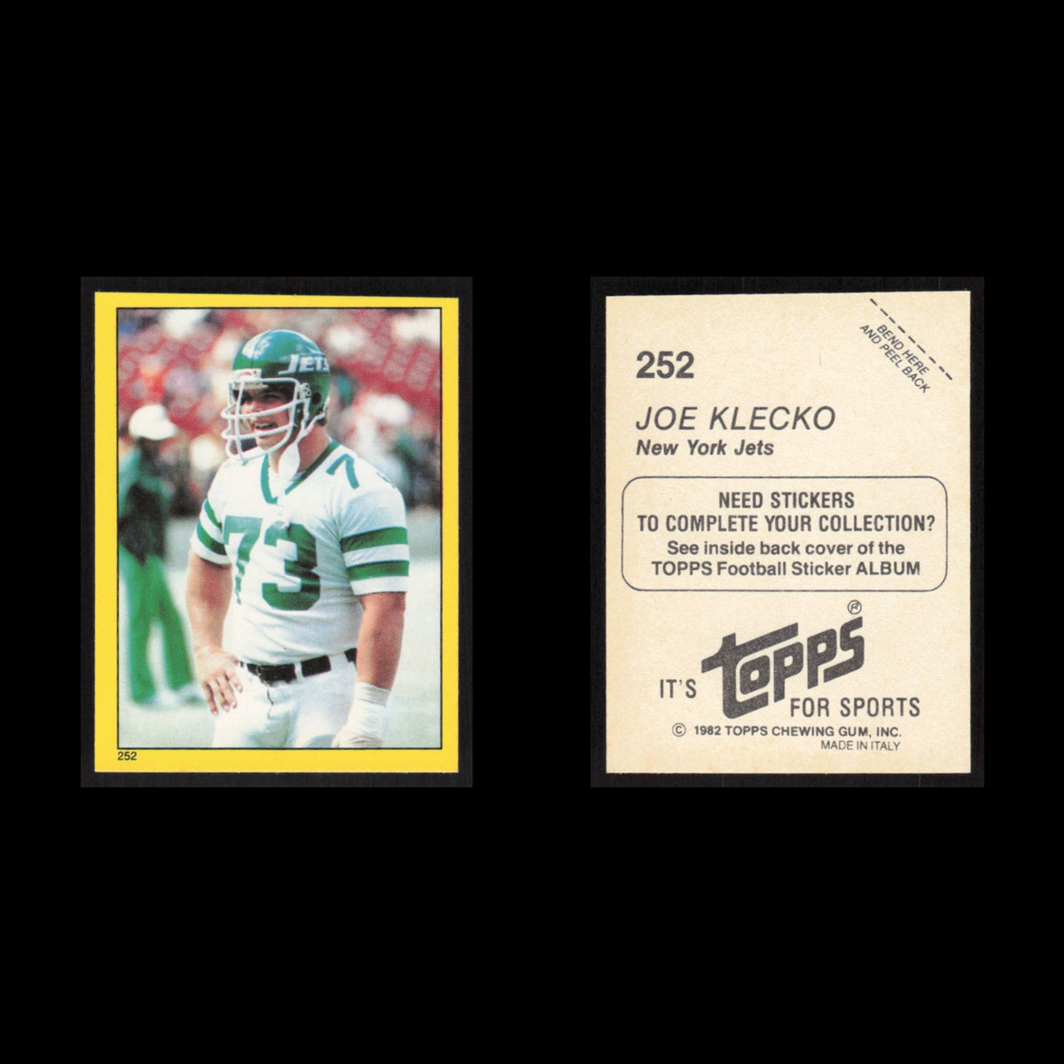 Joe Klecko #252 1982 Topps Stickers New York Jets Football Card NFL NM