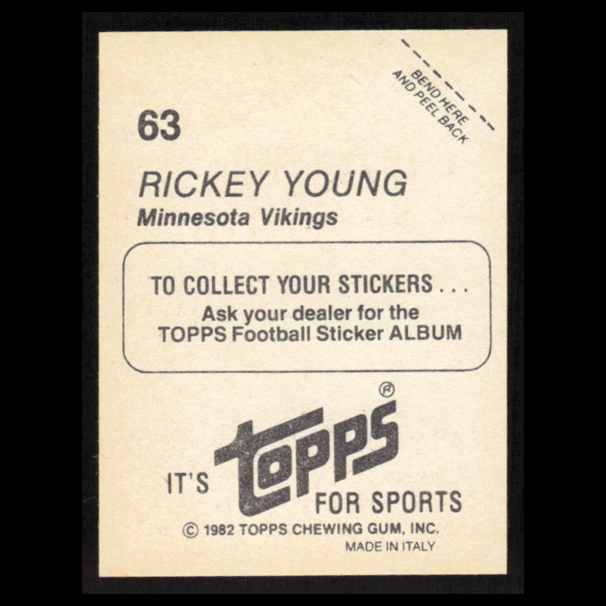 Rickey Young #63 1982 Topps Stickers Minnesota Vikings Football Card NFL NM