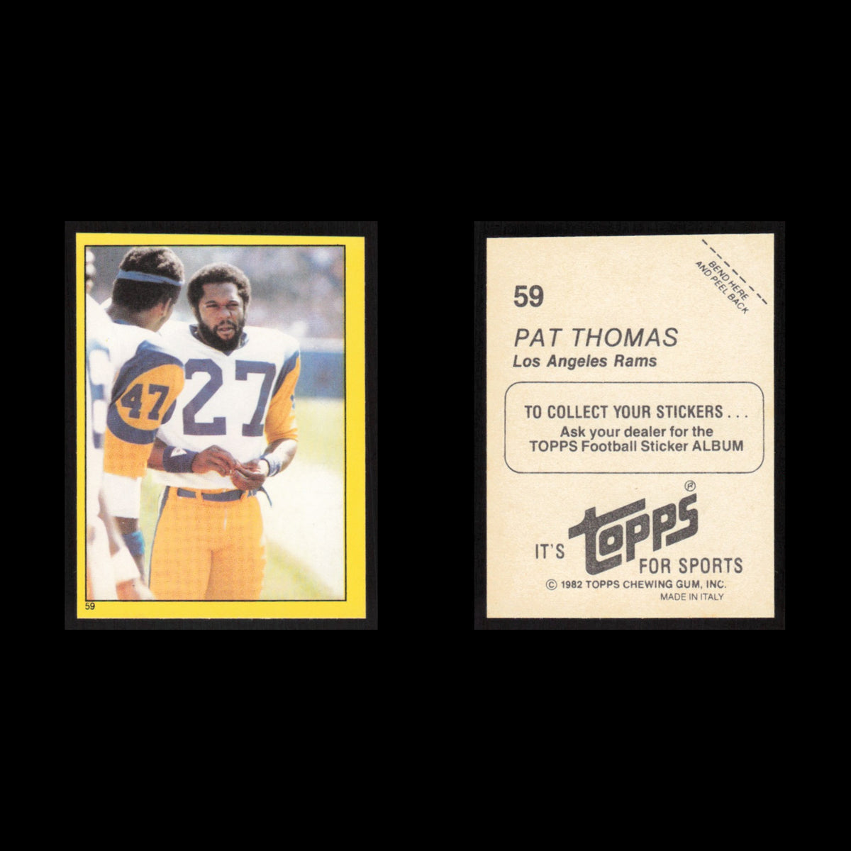 Pat Thomas #59 1982 Topps Stickers Los Angeles Rams Football Card NFL NM