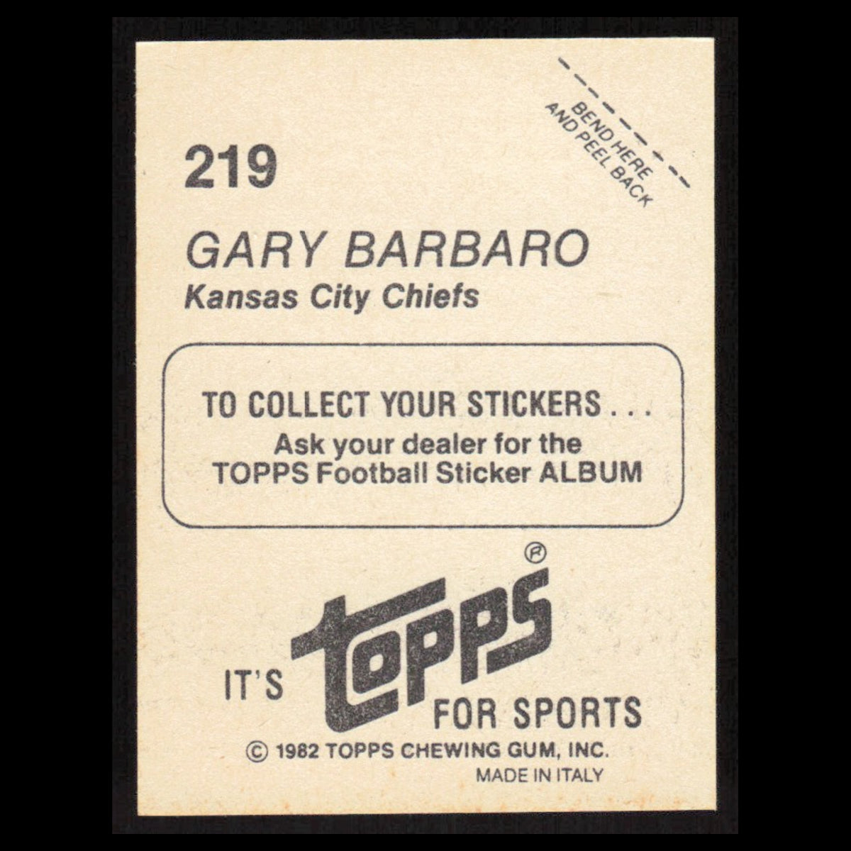 Gary Barbaro #219 1982 Topps Stickers Kansas City Chiefs Football Card NFL NM
