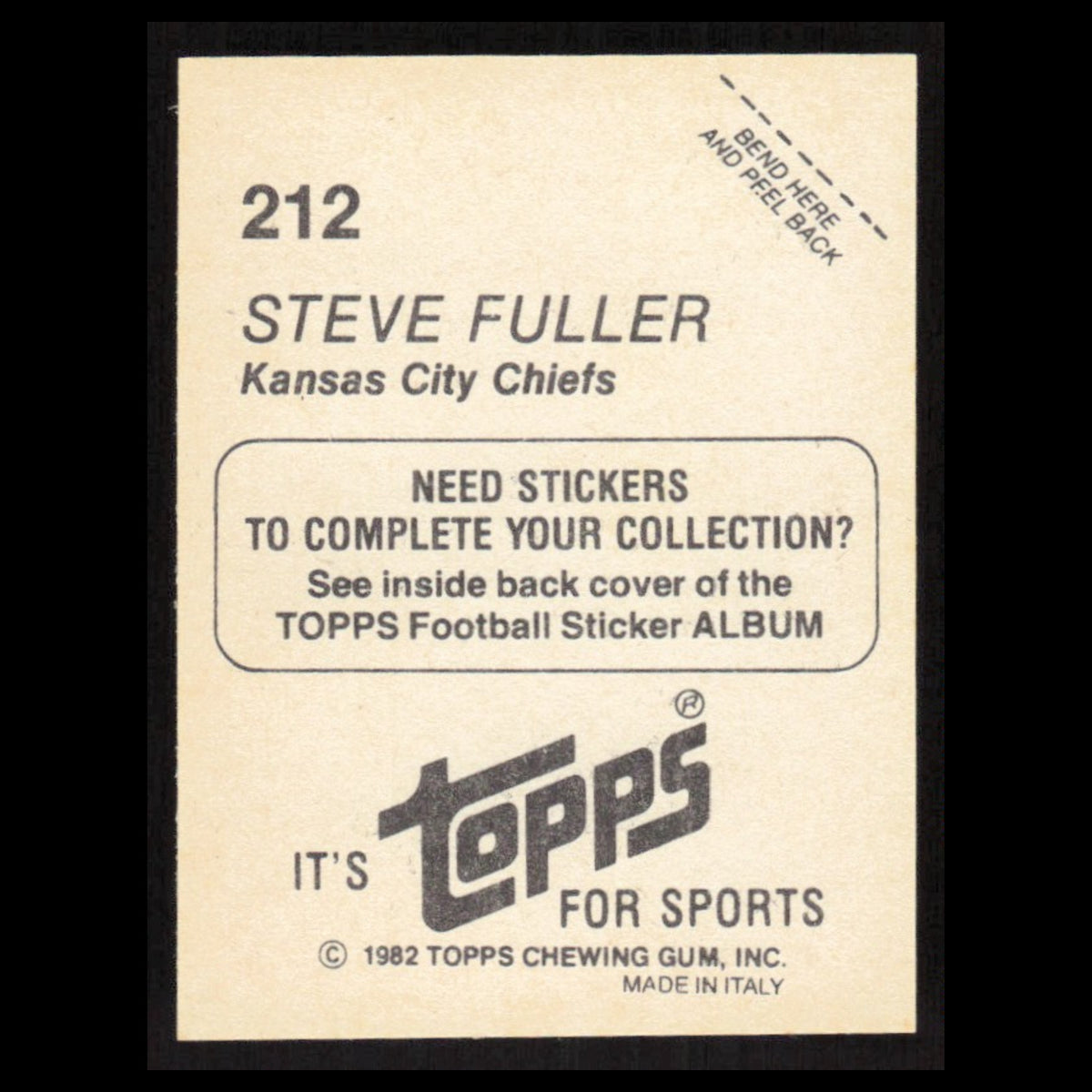 Steve Fuller #212 1982 Topps Stickers Kansas City Chiefs Football Card NFL NM