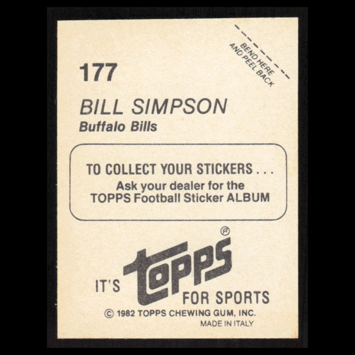Bill Simpson #177 1982 Topps Stickers Buffalo Bills Football Card NFL NM