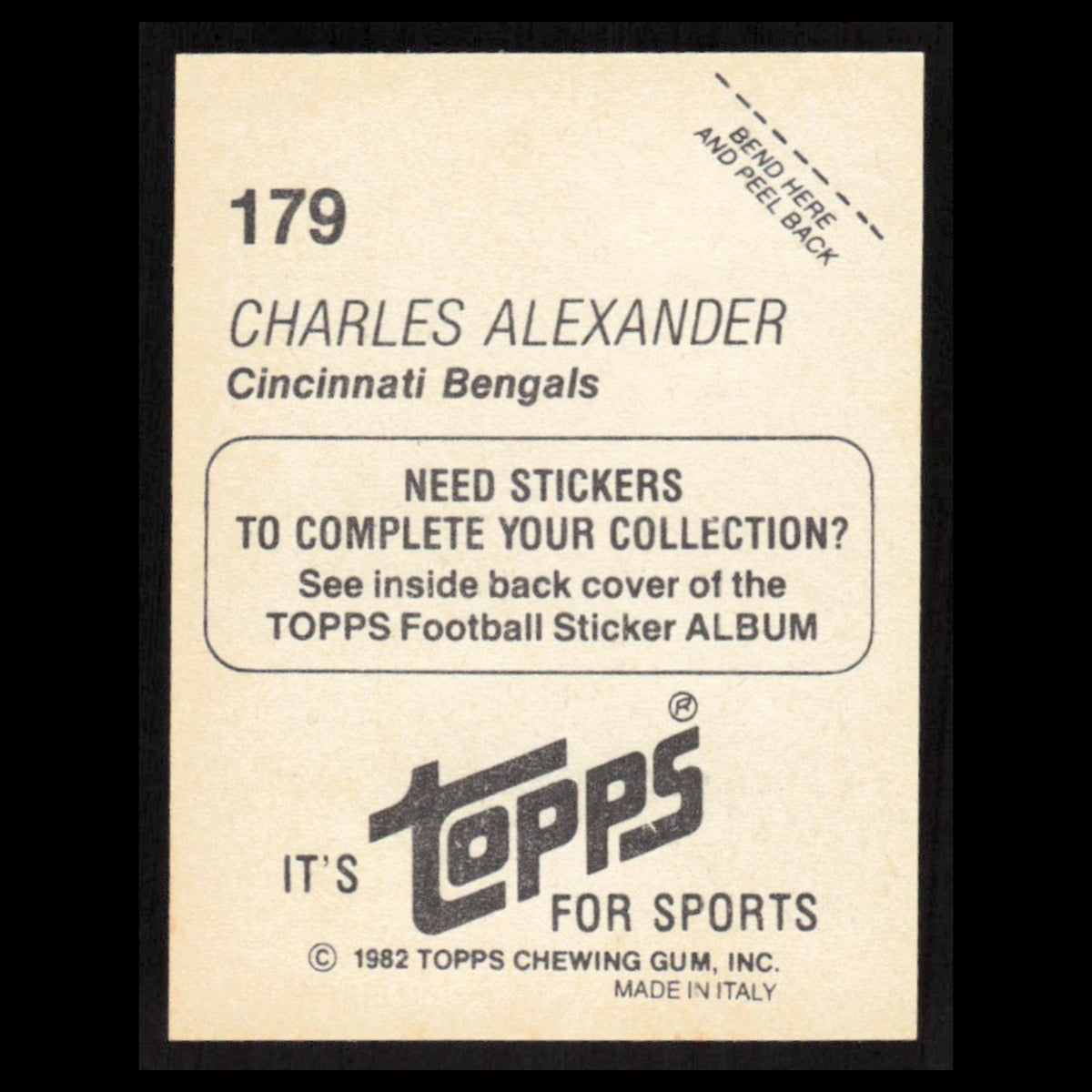 Charles Alexander #179 1982 Topps Stickers Cincinnati Bengals Football Card NFL