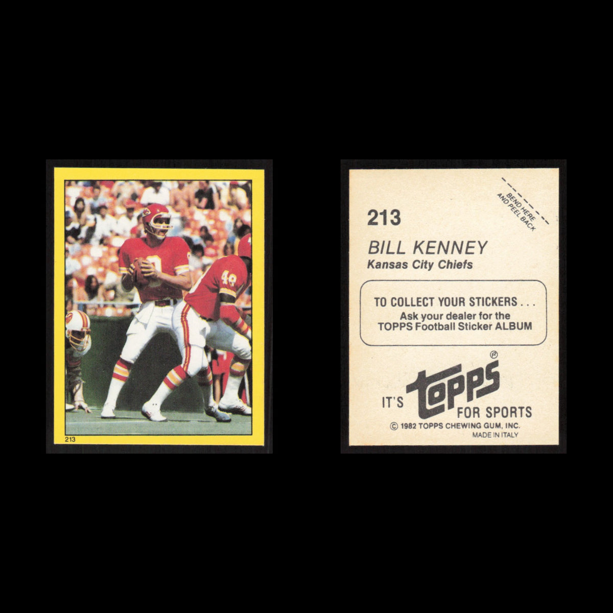 Bill Kenney #213 1982 Topps Stickers Kansas City Chiefs Football Card NFL NM