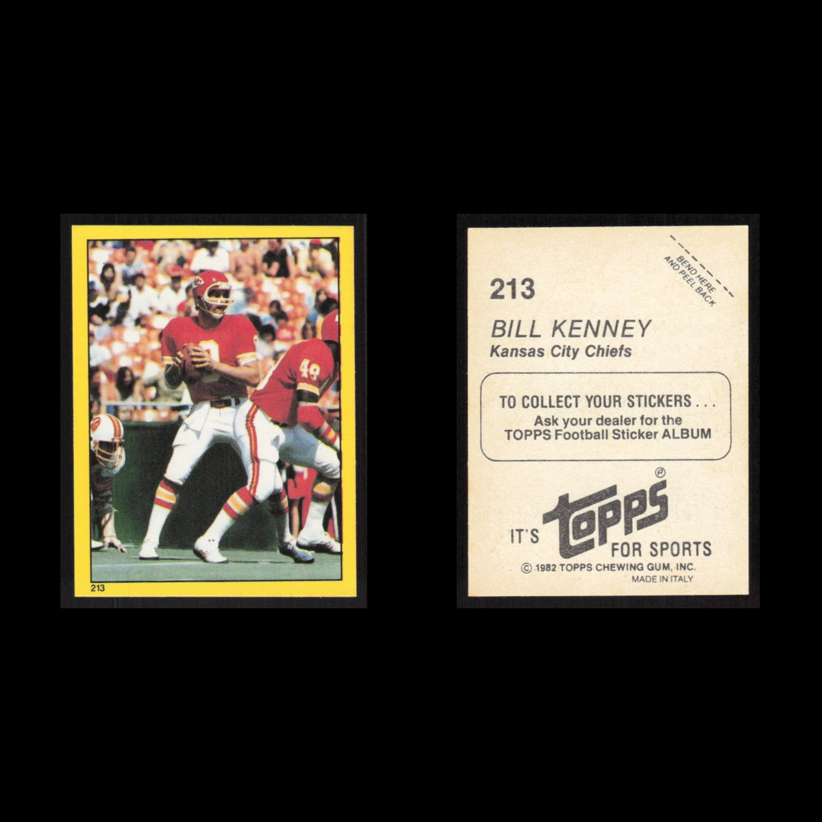 Bill Kenney #213 1982 Topps Stickers Kansas City Chiefs Football Card NFL NM