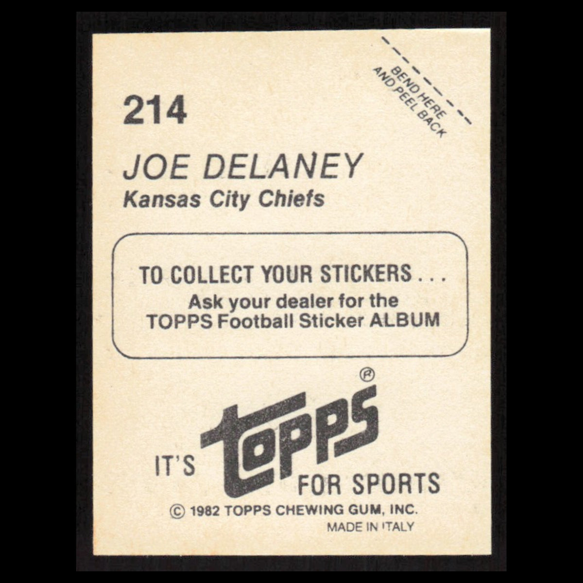 Joe Delaney #214 1982 Topps Stickers Kansas City Chiefs Football Card NFL NM