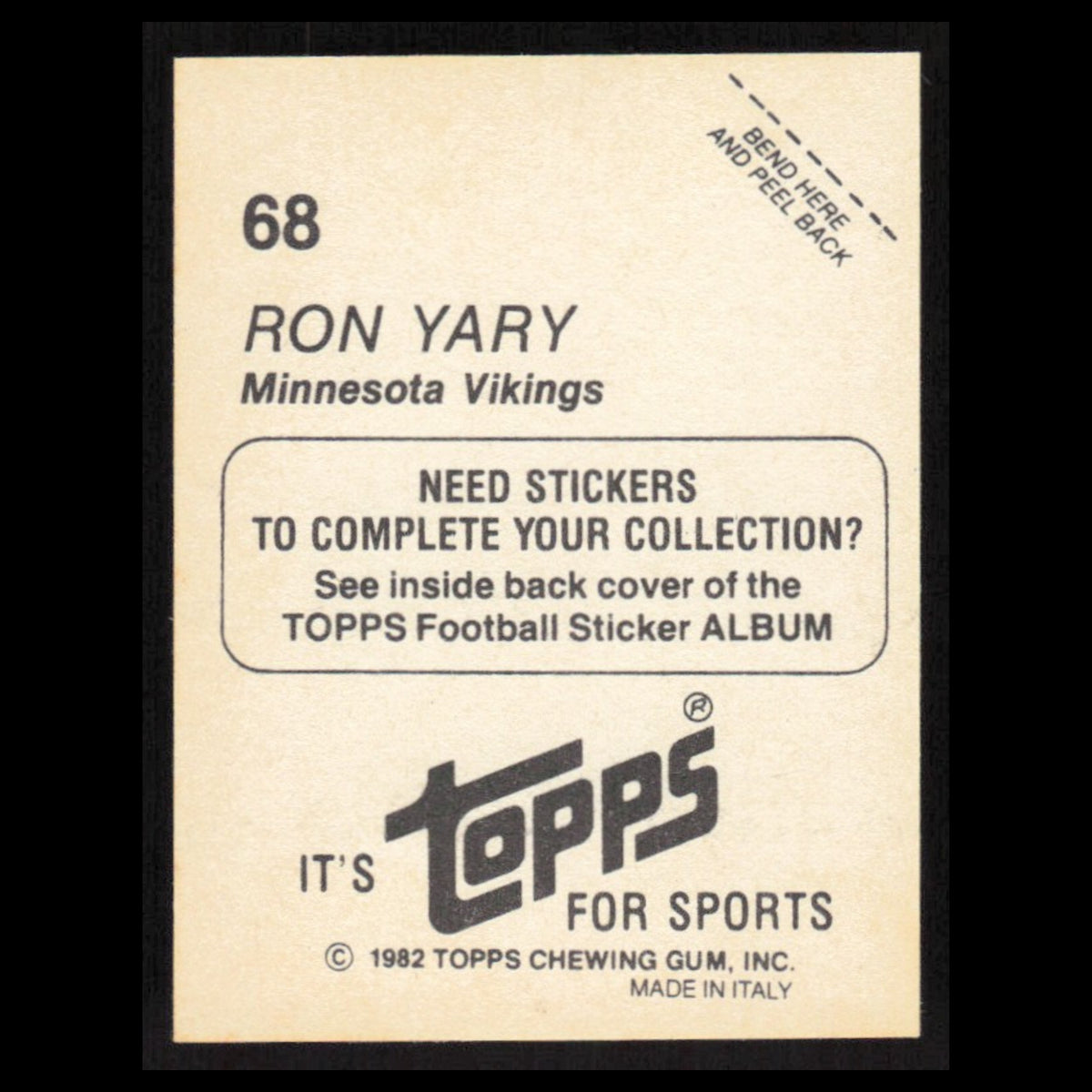 Ron Yary #68 1982 Topps Stickers Minnesota Vikings Football Card NFL NM