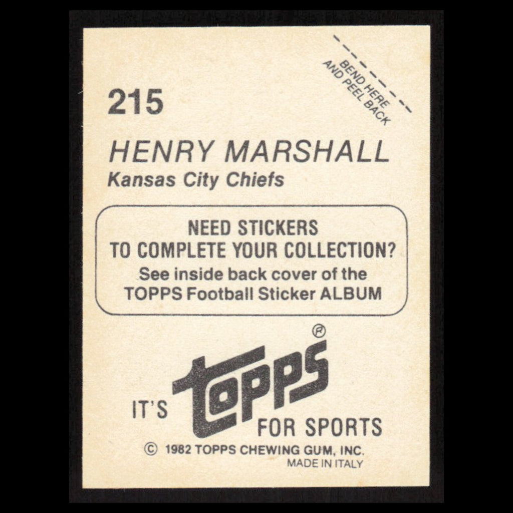Henry Marshall #215 1982 Topps Stickers Kansas City Chiefs Football Card NFL NM