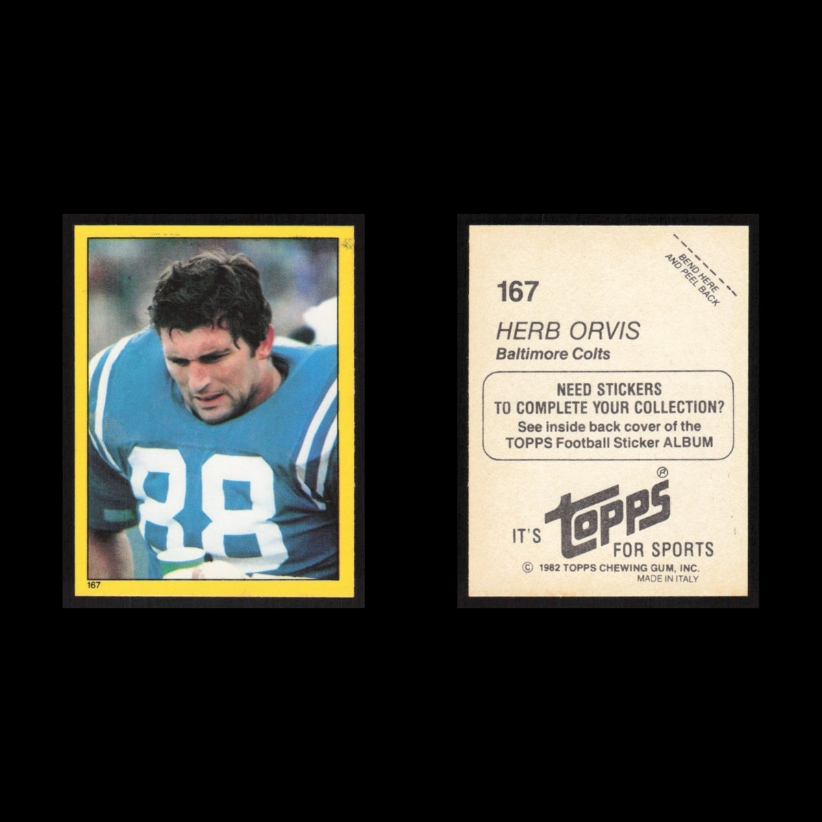 Herb Orvis #167 1982 Topps Stickers Baltimore Colts Football Card NFL NM