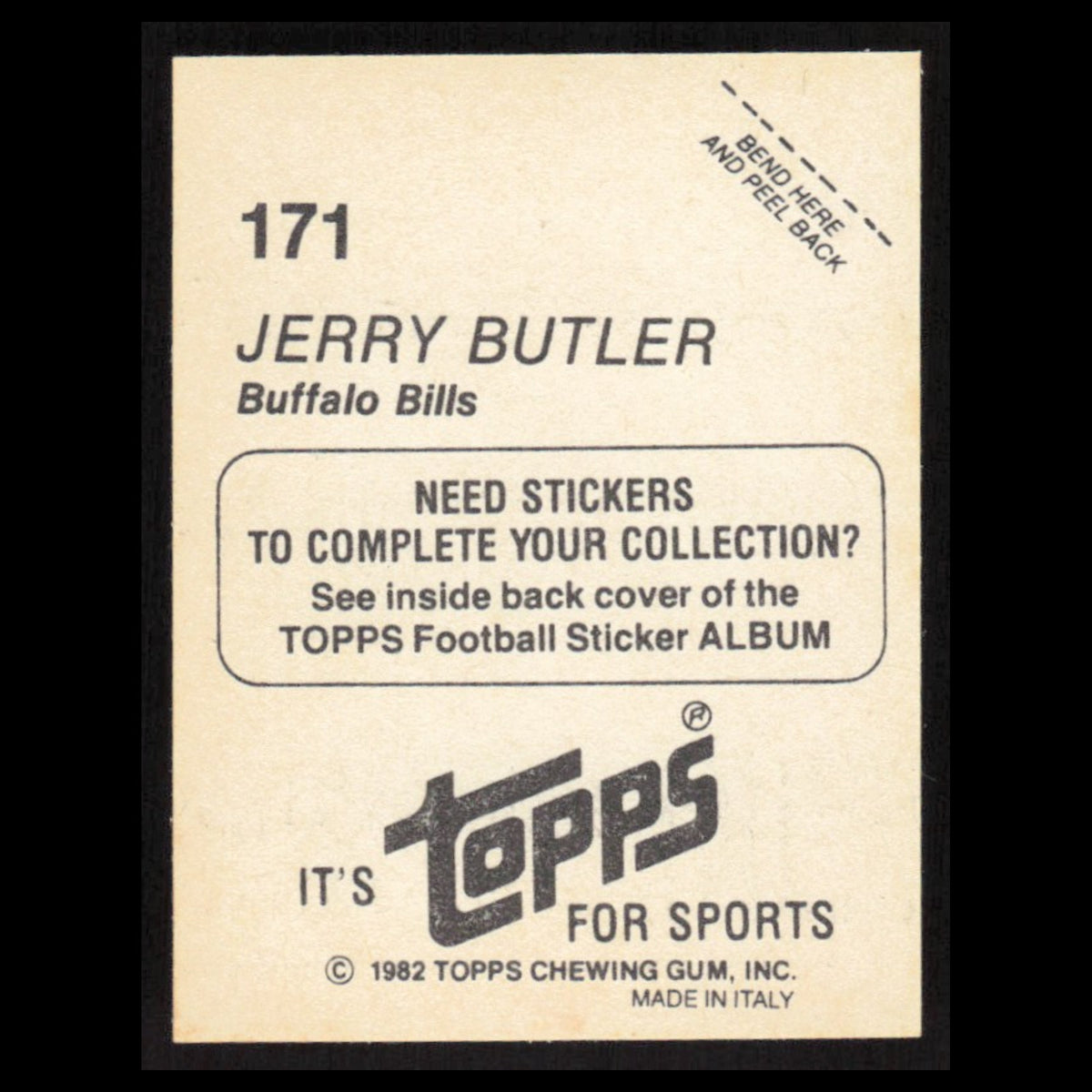 Jerry Butler #171 1982 Topps Stickers Buffalo Bills Football Card NFL NM