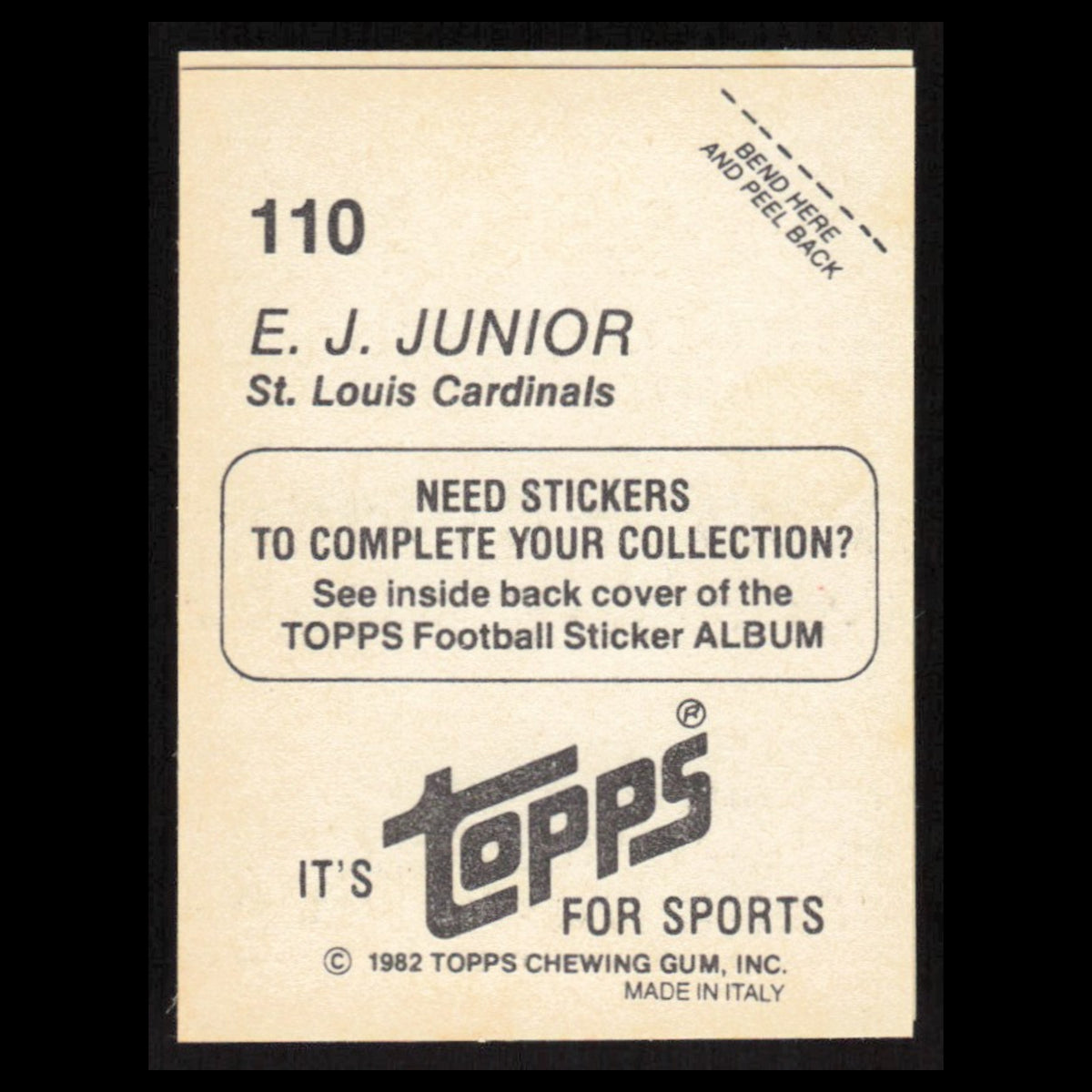 E.J. Junior #110 1982 Topps Stickers St. Louis Cardinals Football Card NFL NM
