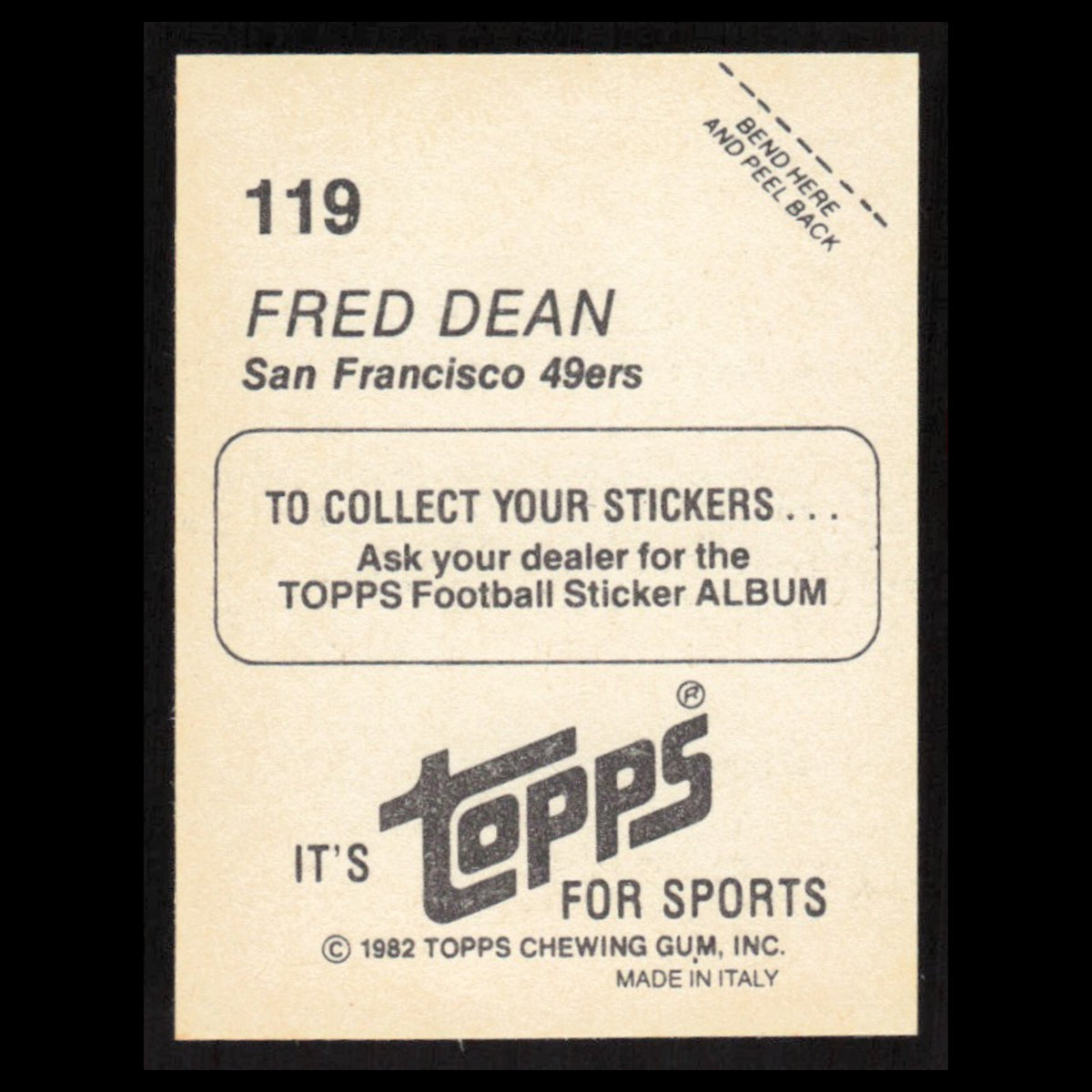 Fred Dean #119 1982 Topps Stickers San Francisco 49ers Football Card NFL NM