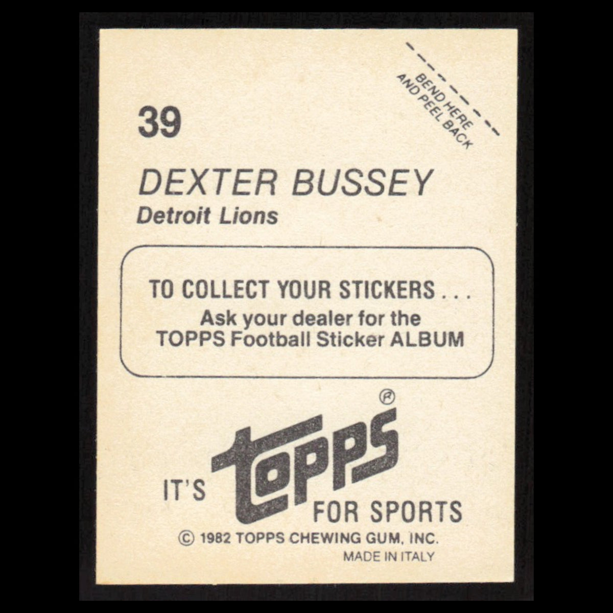 Dexter Bussey #39 1982 Topps Stickers Detroit Lions Football Card NFL NM