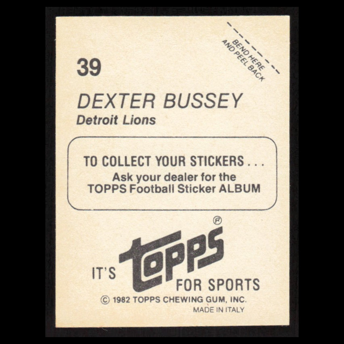 Dexter Bussey #39 1982 Topps Stickers Detroit Lions Football Card NFL NM