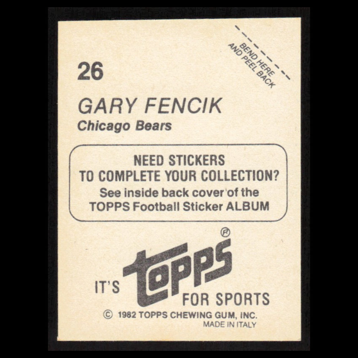 Gary Fencik #26 1982 Topps Stickers Chicago Bears Football Card NFL NM