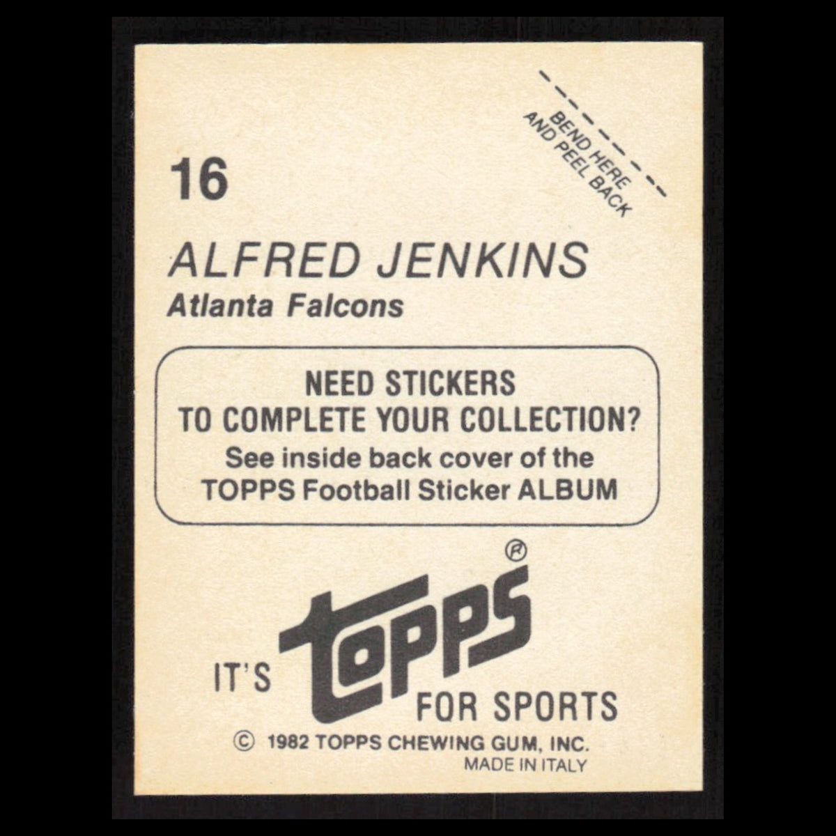 Alfred Jenkins #16 1982 Topps Stickers Atlanta Falcons Football Card NFL NM