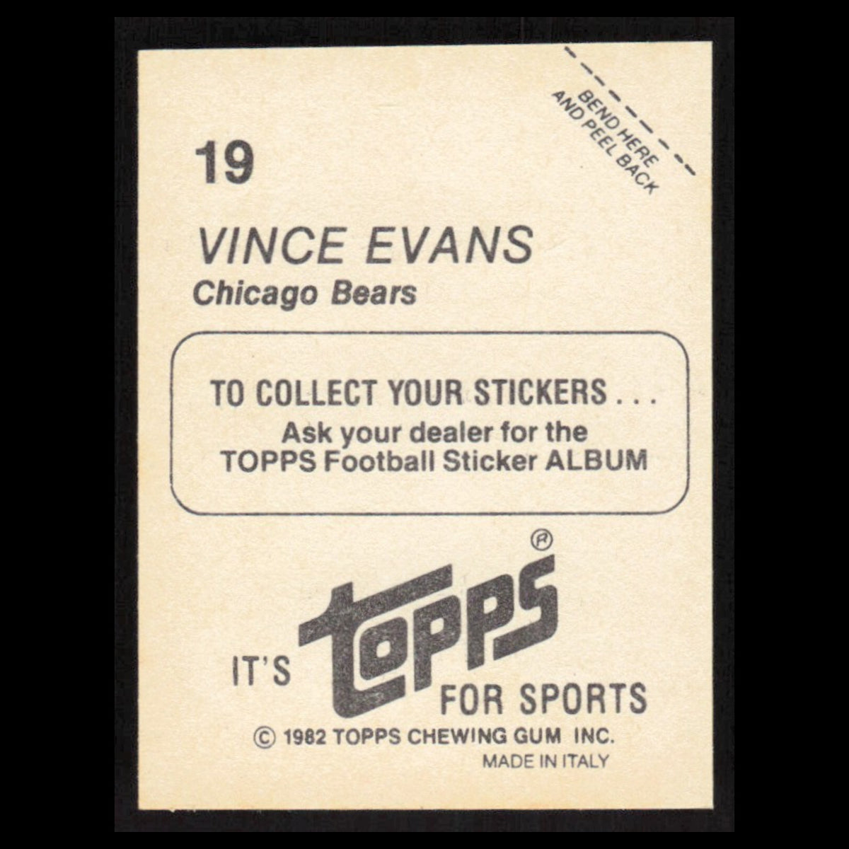 Vince Evans #19 1982 Topps Stickers Chicago Bears Football Card NFL NM