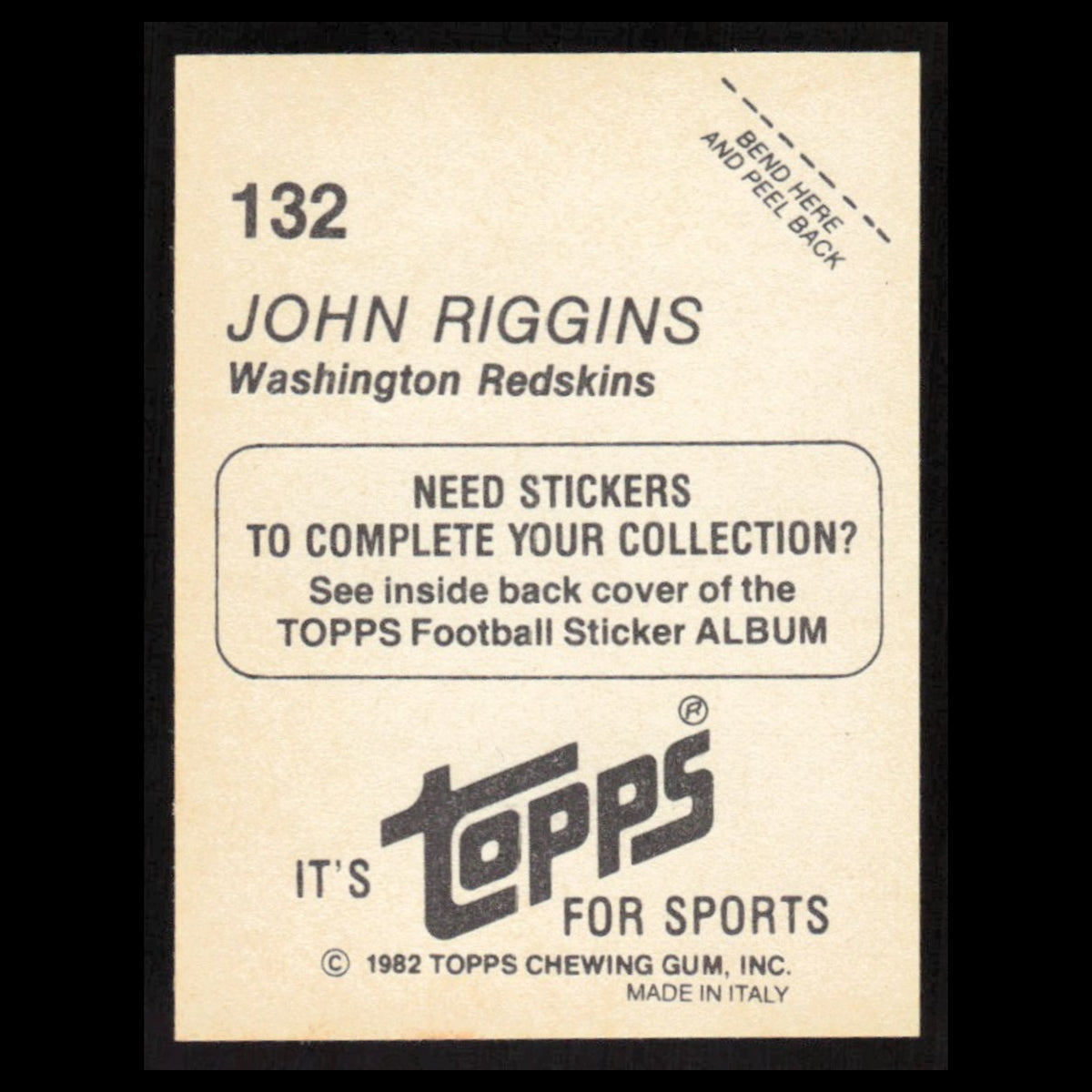 John Riggins #132 1982 Topps Stickers Washington Redskins Football Card NFL NM
