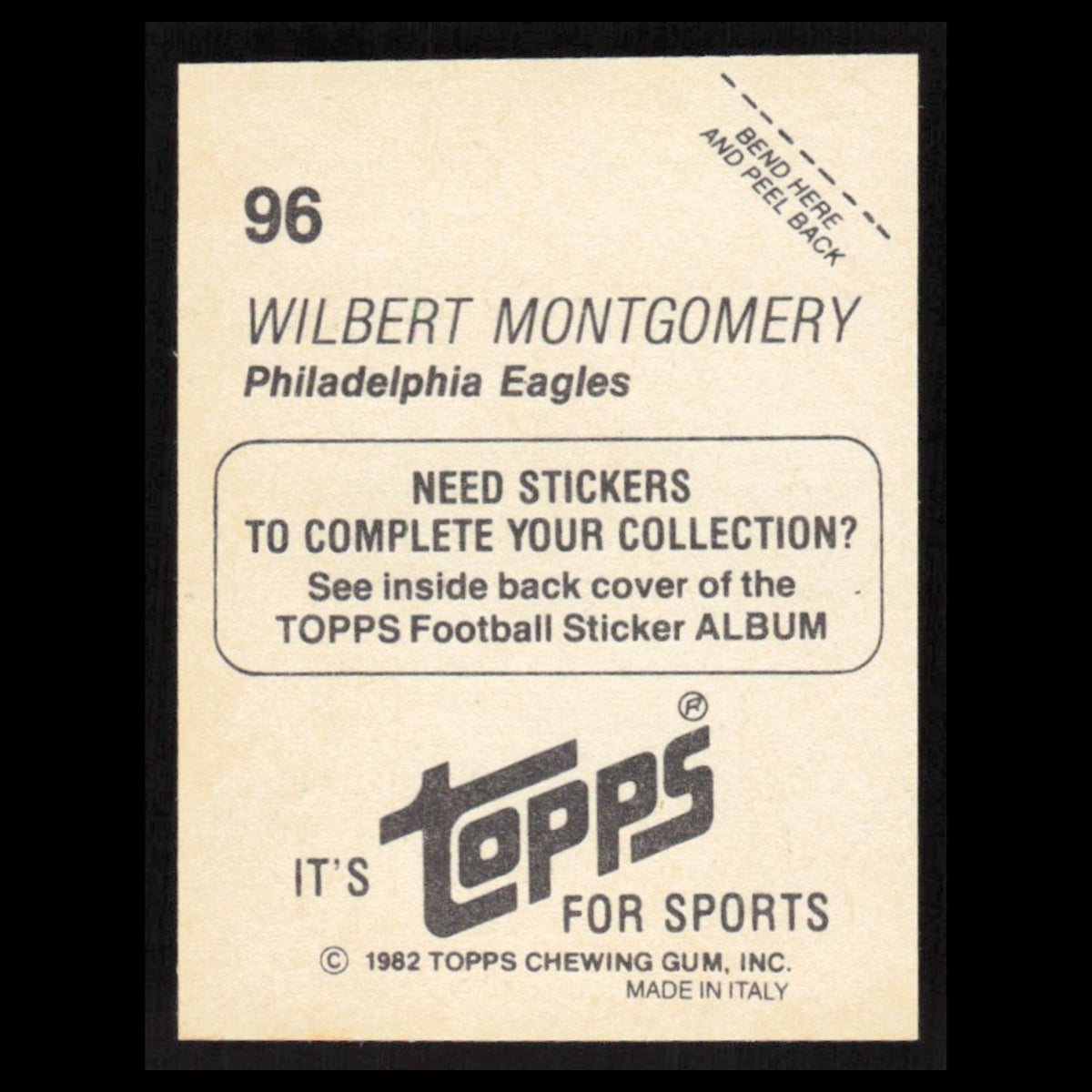 Wilbert Montgomery #96 1982 Topps Stickers Philadelphia Eagles Football Card NFL