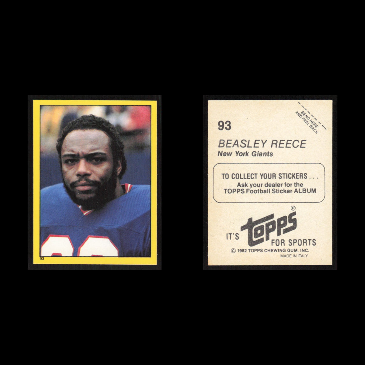 Beasley Reece #93 1982 Topps Stickers New York Giants Football Card NFL NM