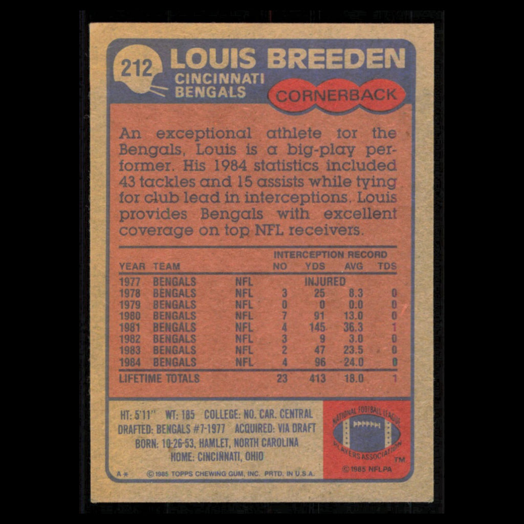 Louis Breeden #212 1985 Topps Cincinnati Bengals Football Card NFL NM