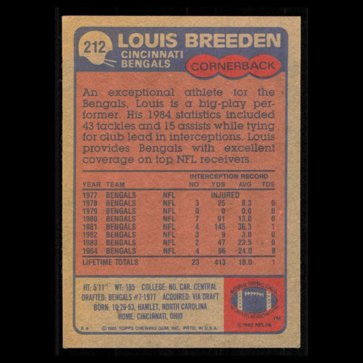 Louis Breeden #212 1985 Topps Cincinnati Bengals Football Card NFL NM