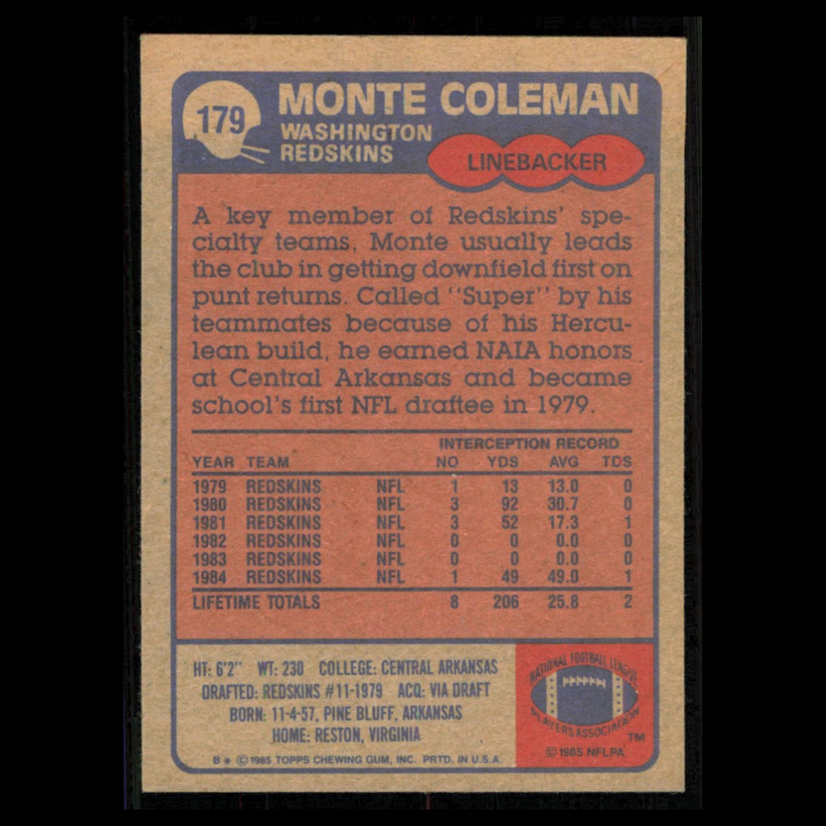 Monte Coleman Rookie #179 1985 Topps Washington Redskins Football Card NFL NM