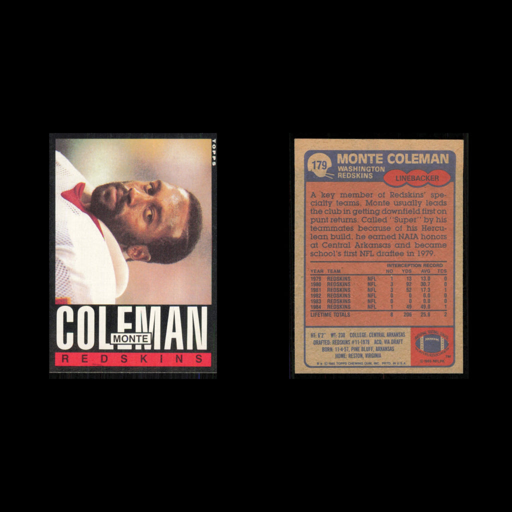 Monte Coleman Rookie #179 1985 Topps Washington Redskins Football Card NFL NM