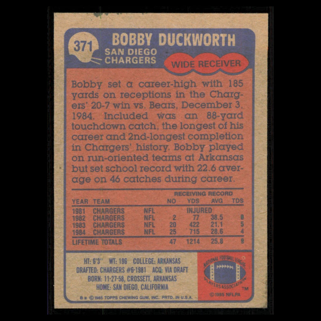 Bobby Duckworth Rookie #371 1985 Topps San Diego Chargers Football Card NFL NM