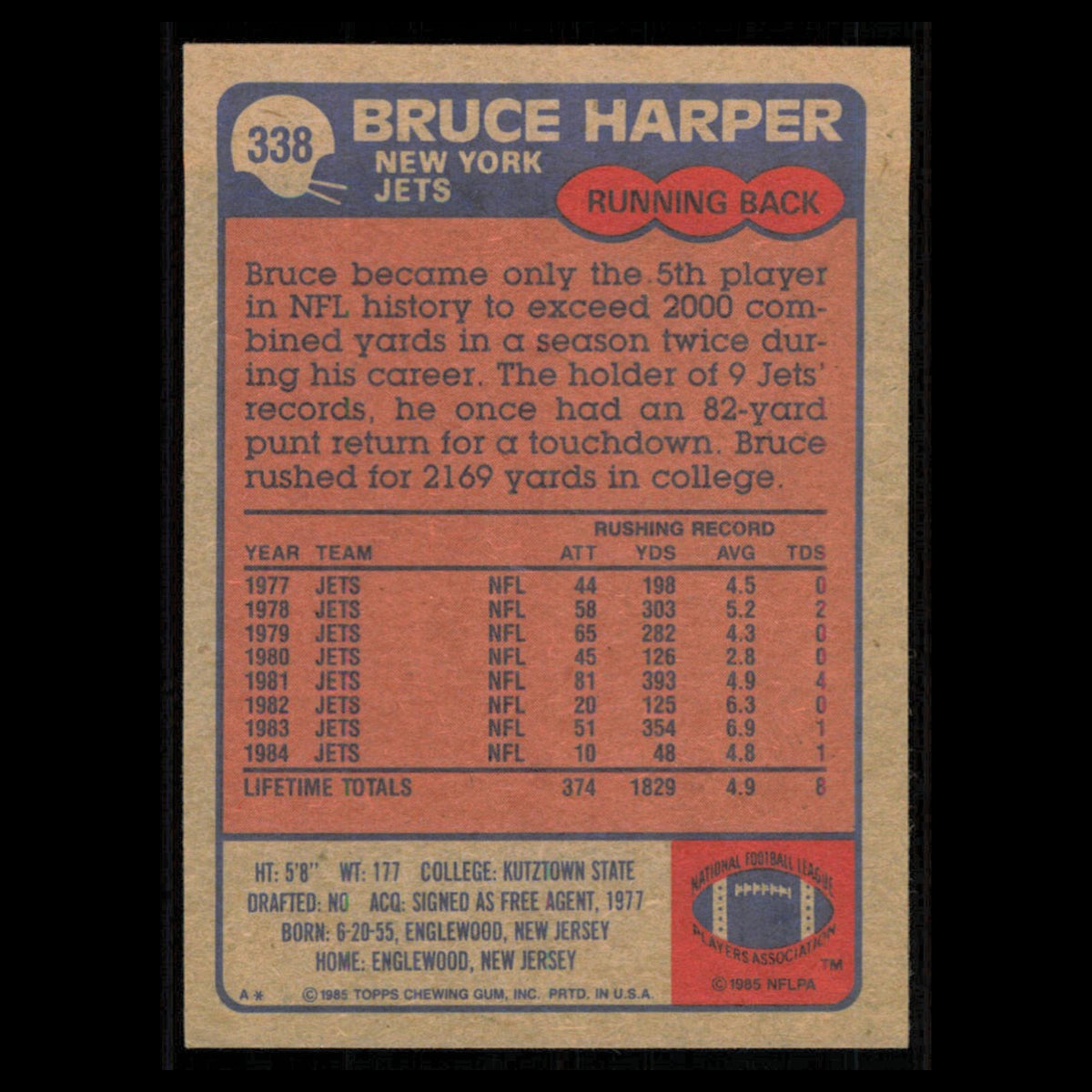 Bruce Harper #338 1985 Topps New York Jets Football Card NFL NM