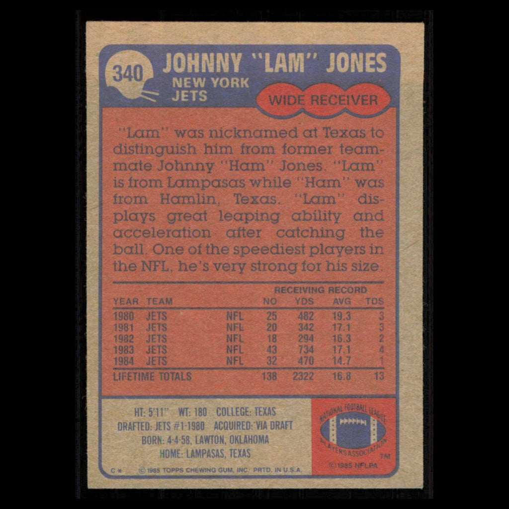 Lam Jones #340 1985 Topps New York Jets Football Card NFL NM