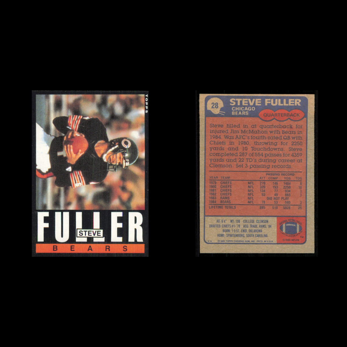 Steve Fuller #28 1985 Topps Chicago Bears Football Card NFL NM