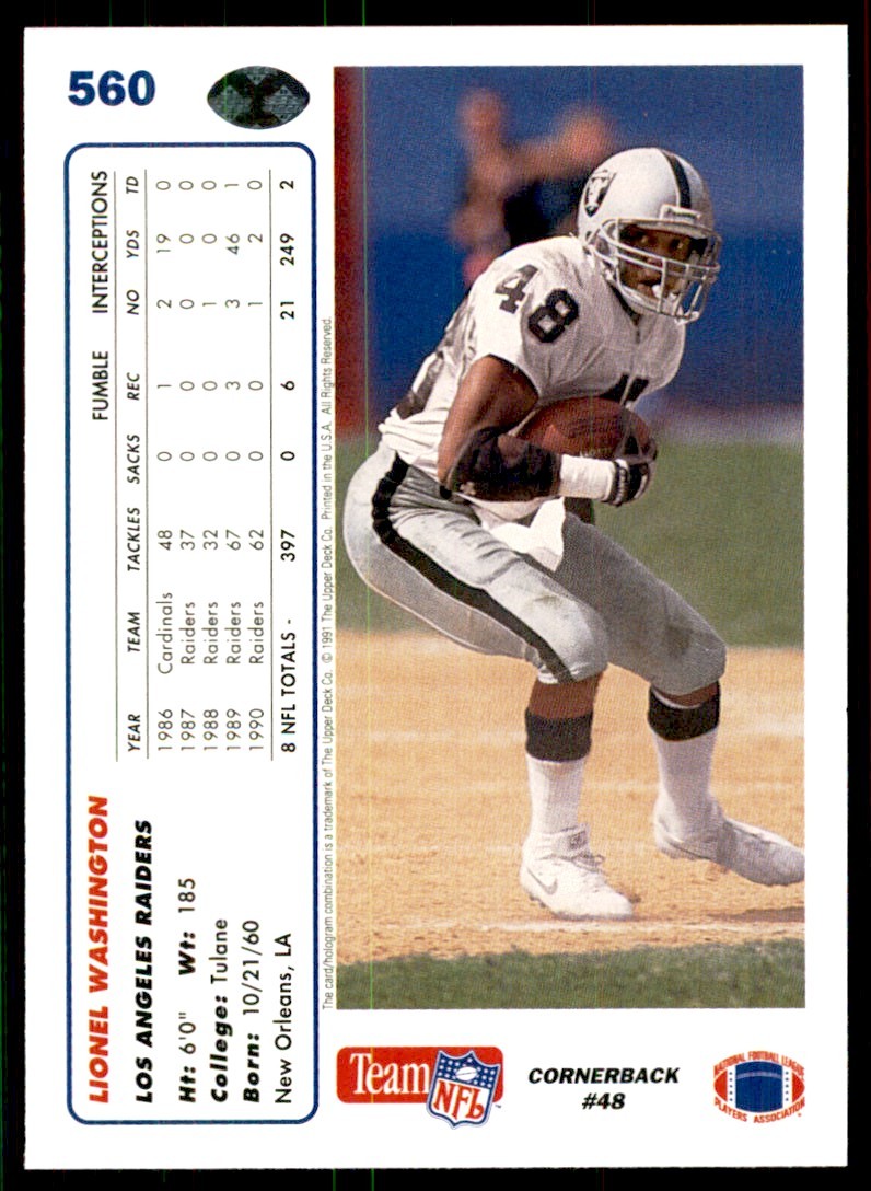 1991 Upper Deck High Series Lionel Washington . Oakland Raiders #560