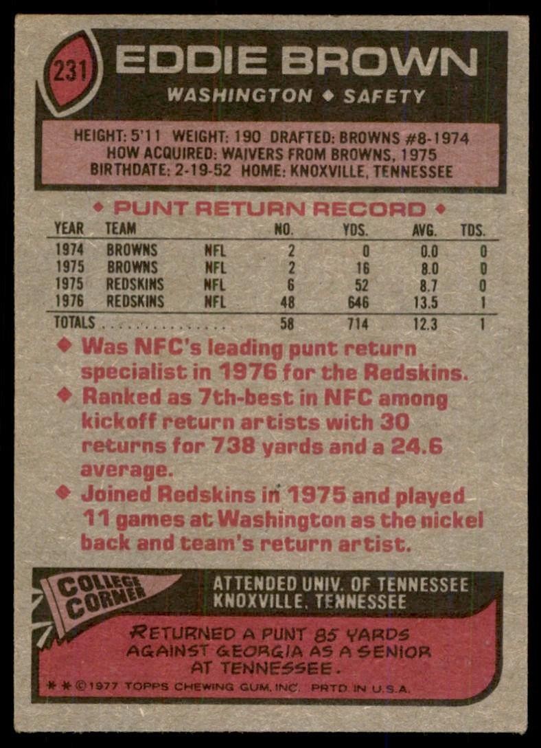 1977 TOPPS EDDIE BROWN . WASHINGTON REDSKINS #231