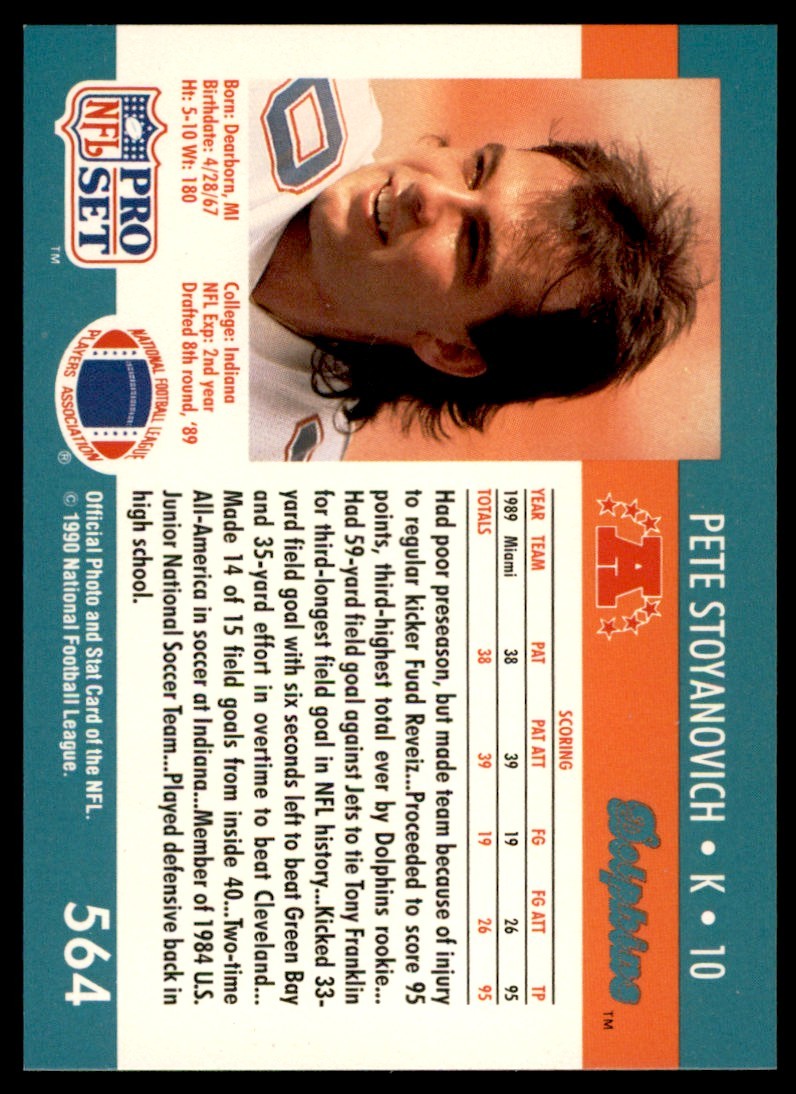 1990 Pro Set Pete Stoyanovich Miami Dolphins #564