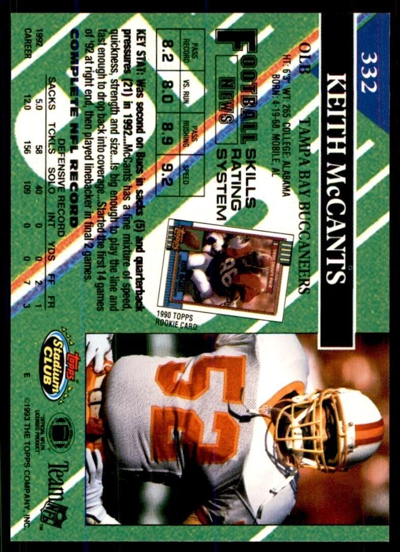 1993 STADIUM CLUB. KEITH MCCANTS TAMPA BAY BUCCANEERS #332