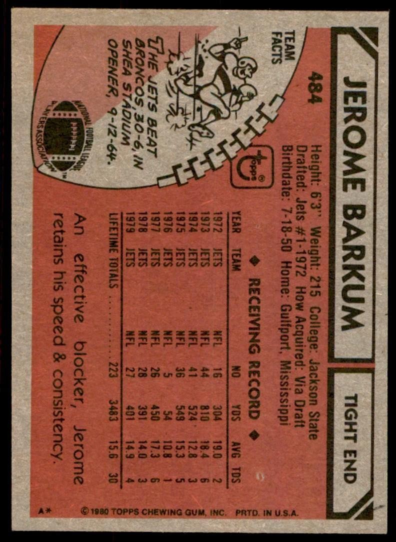 1980 TOPPS NFL JEROME BARKUM NEW YORK JETS #484