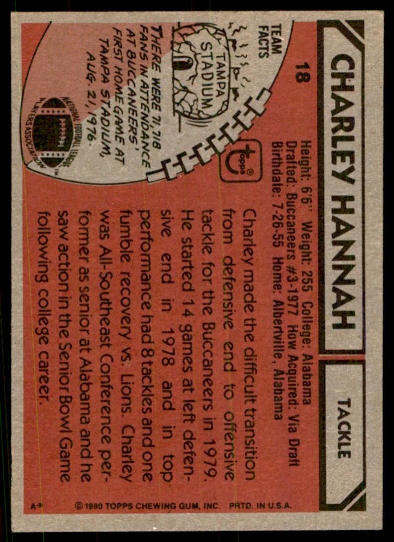 1980 TOPPS FOOTBALL CHARLEY HANNAH TAMPA BAY BUCCANEERS #18