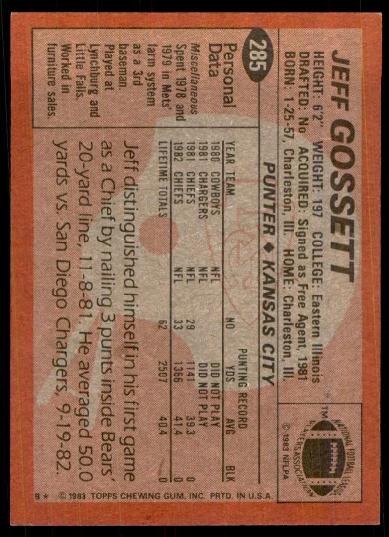 1983 TOPPS` JEFF GOSSETT KANSAS CITY CHIEFS #285
