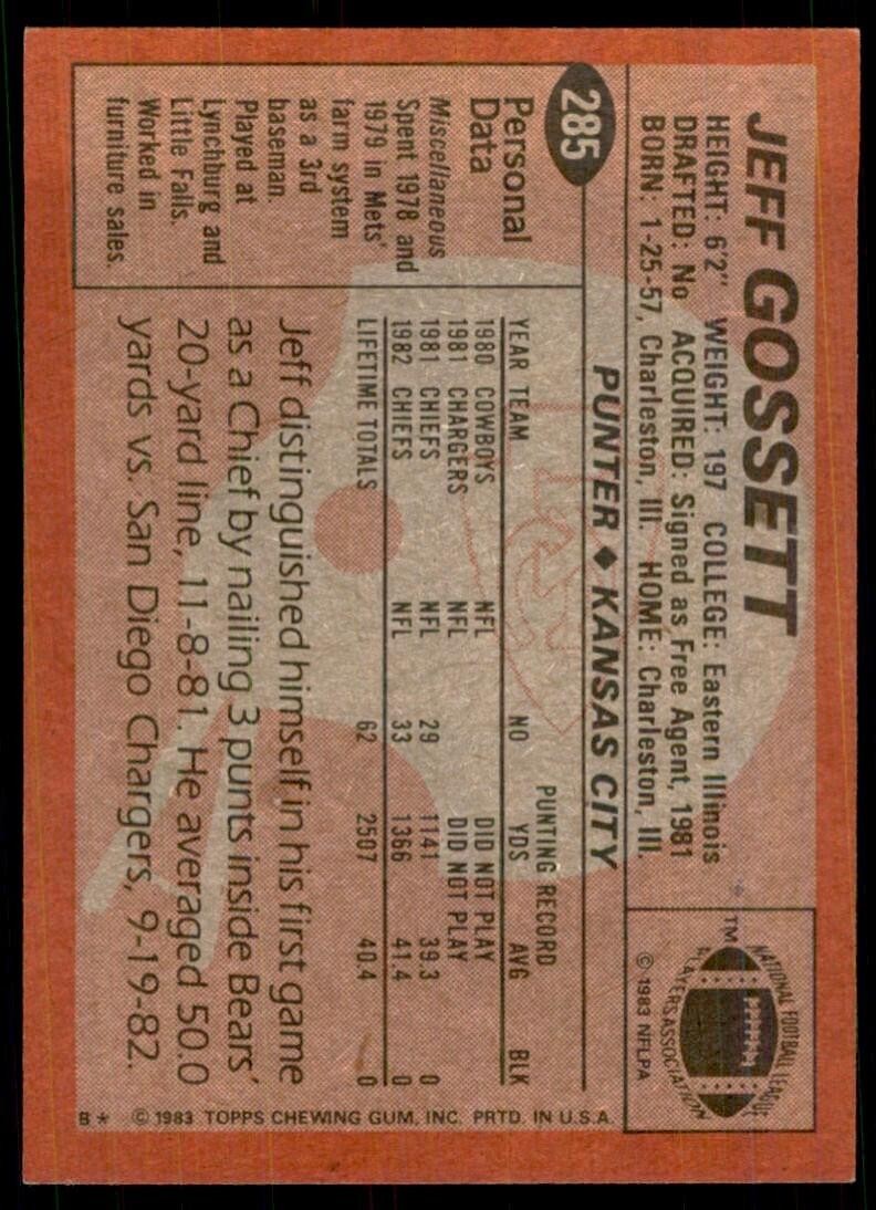 1983 TOPPS` JEFF GOSSETT KANSAS CITY CHIEFS #285