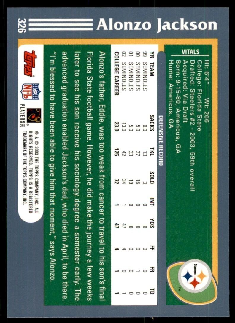 2003 TOPPS ALONZO JACKSON PITTSBURGH STEELERS #326