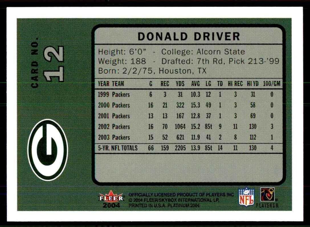 2004 Fleer Platinum Donald Driver Football Cards #12
