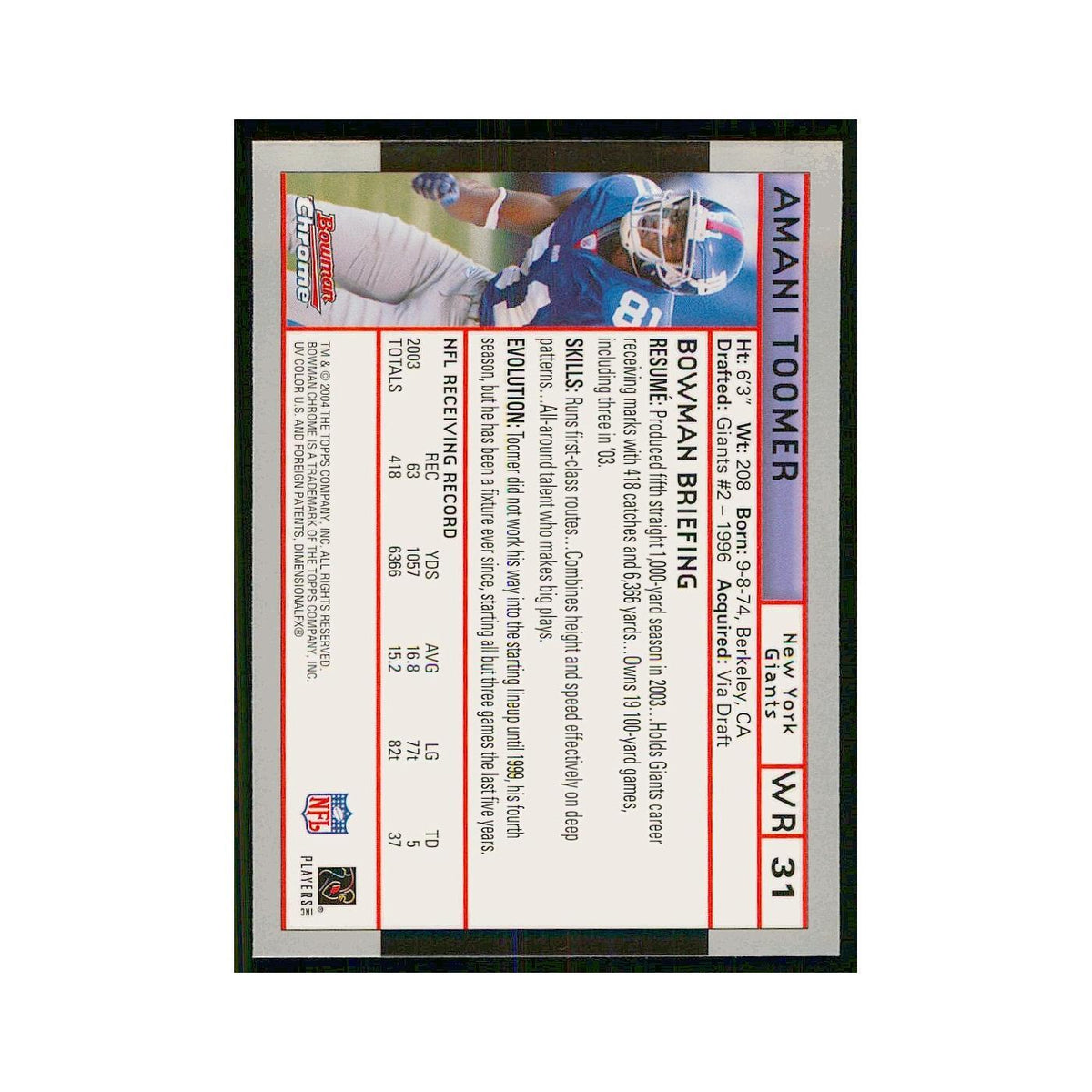 2004 Bowman Chrome Amani Toomer #31