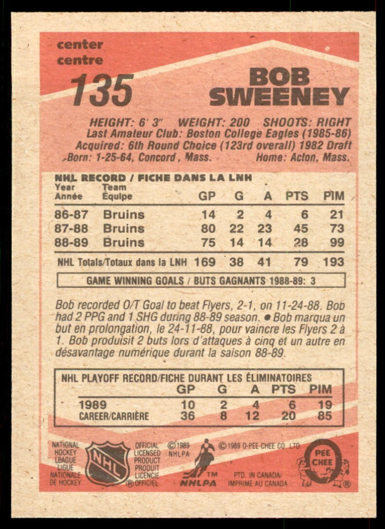1989-90 O-Pee-Chee Bob Sweeney . Boston Bruins #135