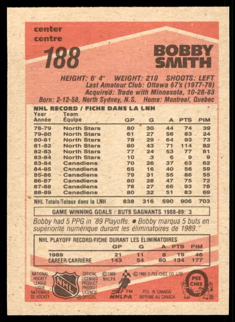 1989-90 O-Pee-Chee Bobby Smith . Montreal Canadiens #188